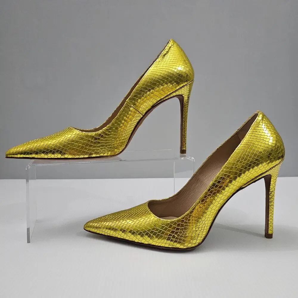 Stuart Weitzman Metallic Yellow Snakeskin Pointed-Toe Pumps - Picture 2 of 16